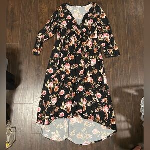 Chic Soul Black Floral High-Low Wrap Dress with Pink Roses